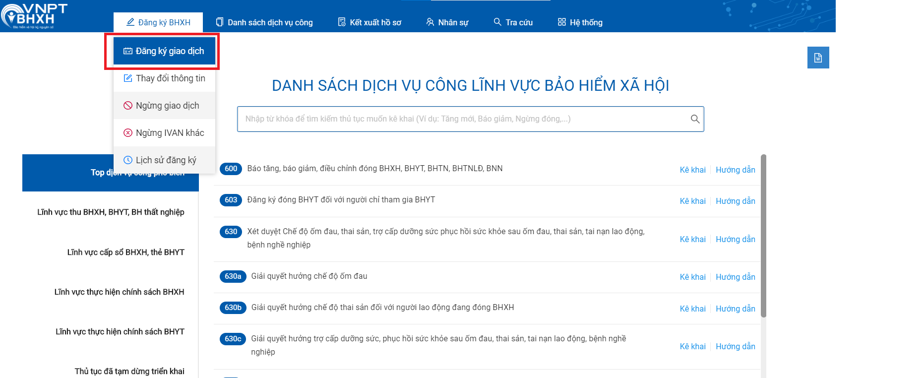 Giao diện danh sách dịch vụ công và menu đăng ký giao dịch trên phần mềm VNPT BHXH