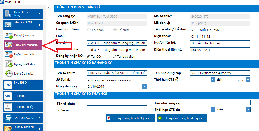 Cập nhật email hoặc chữ ký số