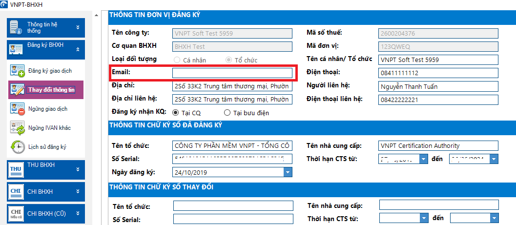 Cập nhật email hoặc chữ ký số